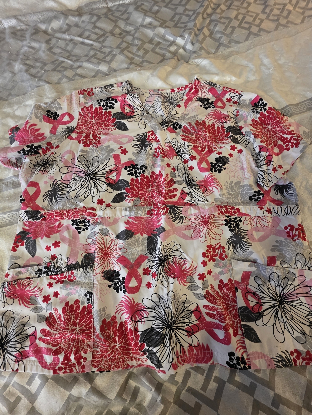 Uniform Advantage Flex Women's Pink Ribbon Floral Button-Down Scrub Top